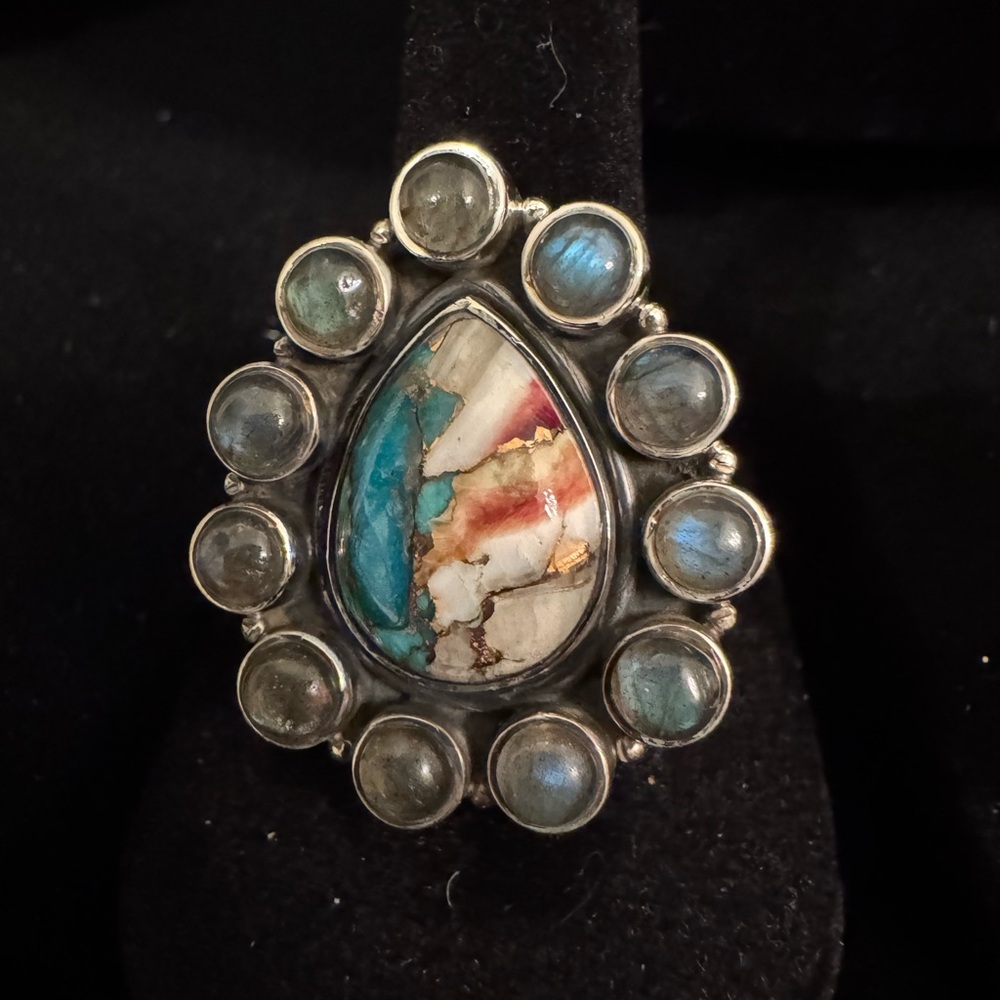 Sterling Silver blue moon turquoise with labrodite Ring